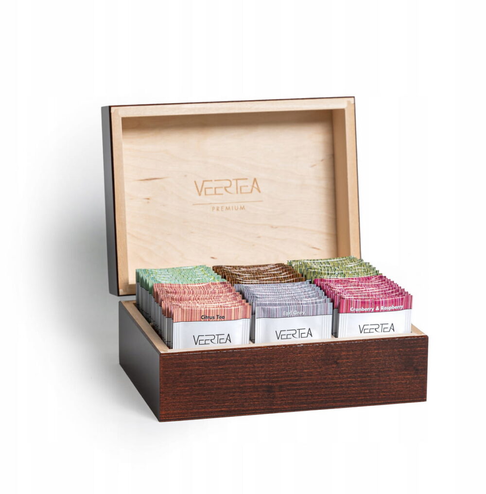 VEERTEA PREMIUM Zestaw herbat - drewniana skrzynka 96 kopert - brązowa