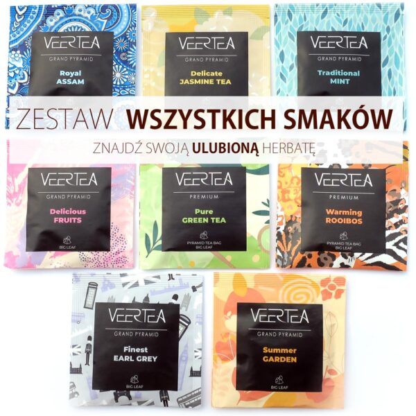 Herbata VEERTEA Piramidki zestaw 8 saszetek, 1 piramidka z każdego smaku